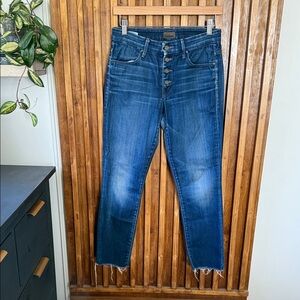 MOTHER Women's Straight Leg Jeans in Dark Blue with Fading